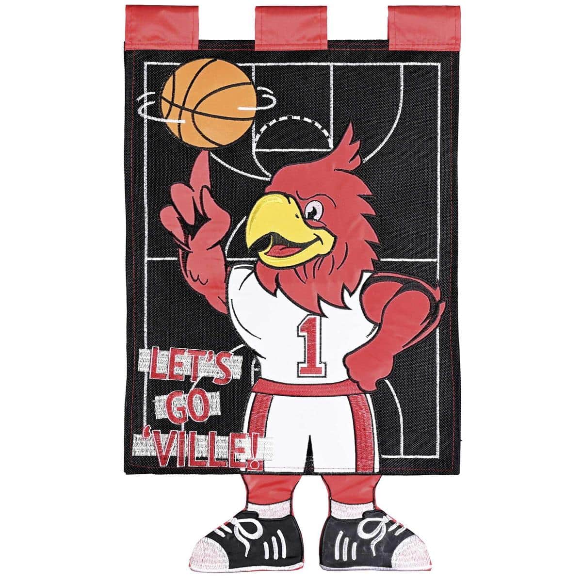Crazy Leg Cardinal Garden Flag 13x18, red bird in basketball theme with dangling legs, durable outdoor fabric, fits garden flag stand, playful wind motion