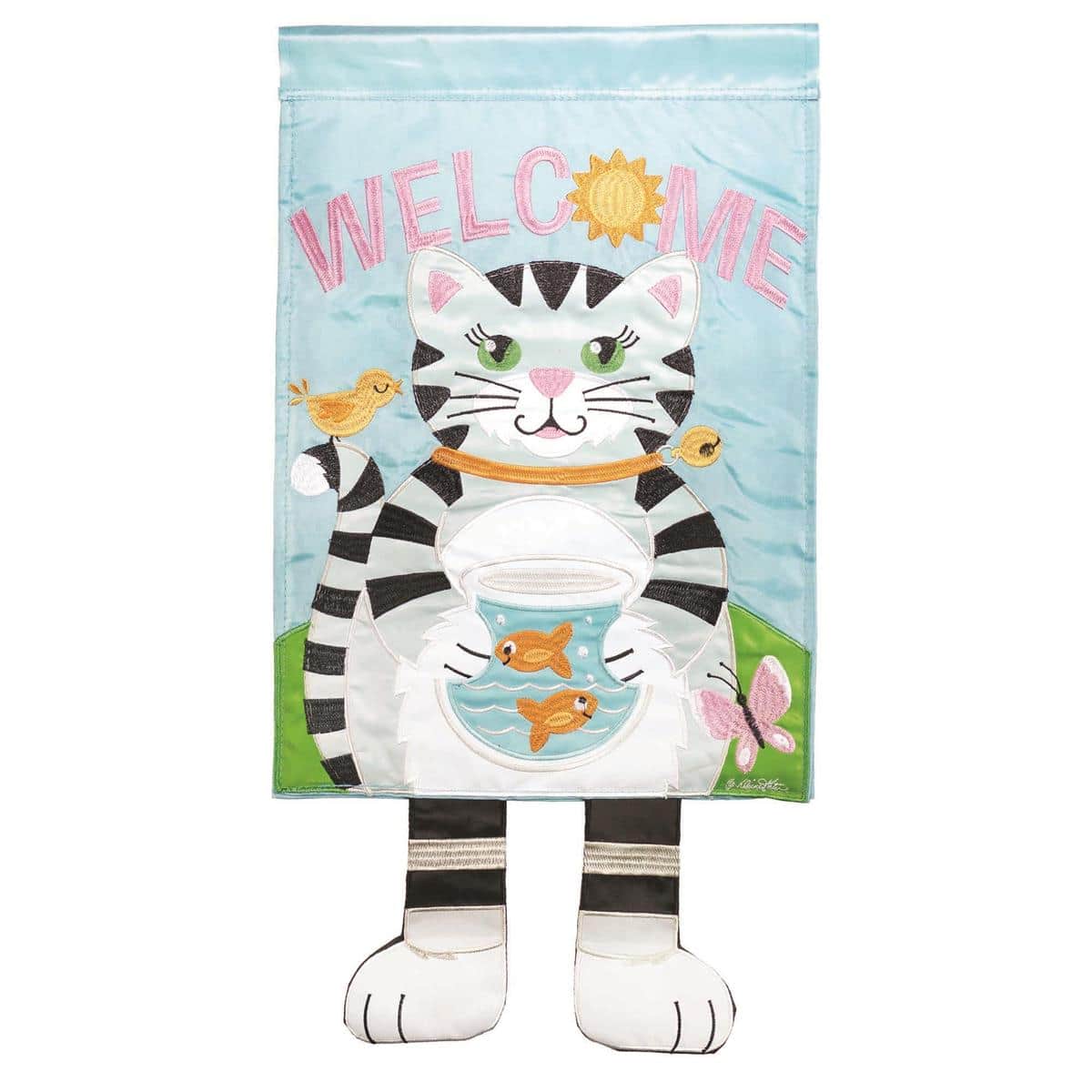 Crazy Leg Cat Welcome 13x18 garden flag with dangling legs, cat applique details, and top sleeve shown on a yard stand beside porch flowers
