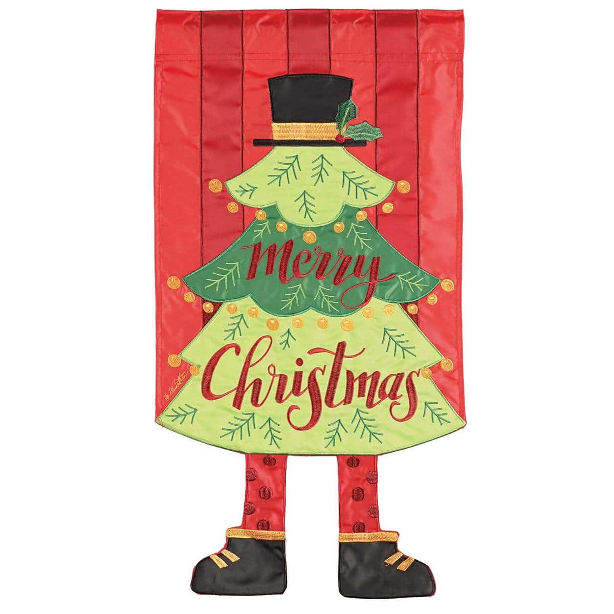 Crazy Leg Christmas Tree garden flag with dangling legs, 13 x 18 inch outdoor holiday yard decor on a standard stand in a cheerful winter scene
