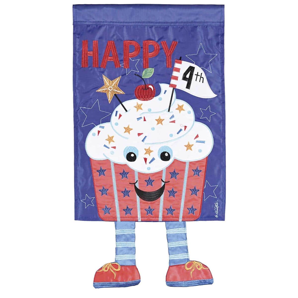 Patriotic garden flag featuring a red white and blue cupcake with Happy 4th Of July text and dangling crazy legs, 13 x 18 inches, fits most standard garden flag stands
