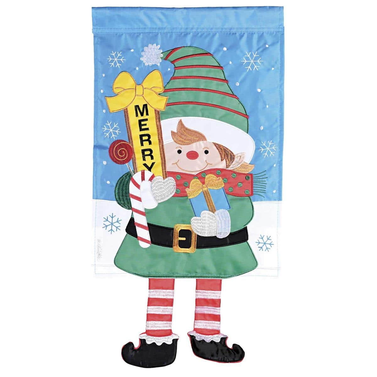 13x18 Crazy Leg Elf Welcome garden flag with dangling striped elf legs, red and green Christmas colors, double sided, displayed on a yard stand in winter.