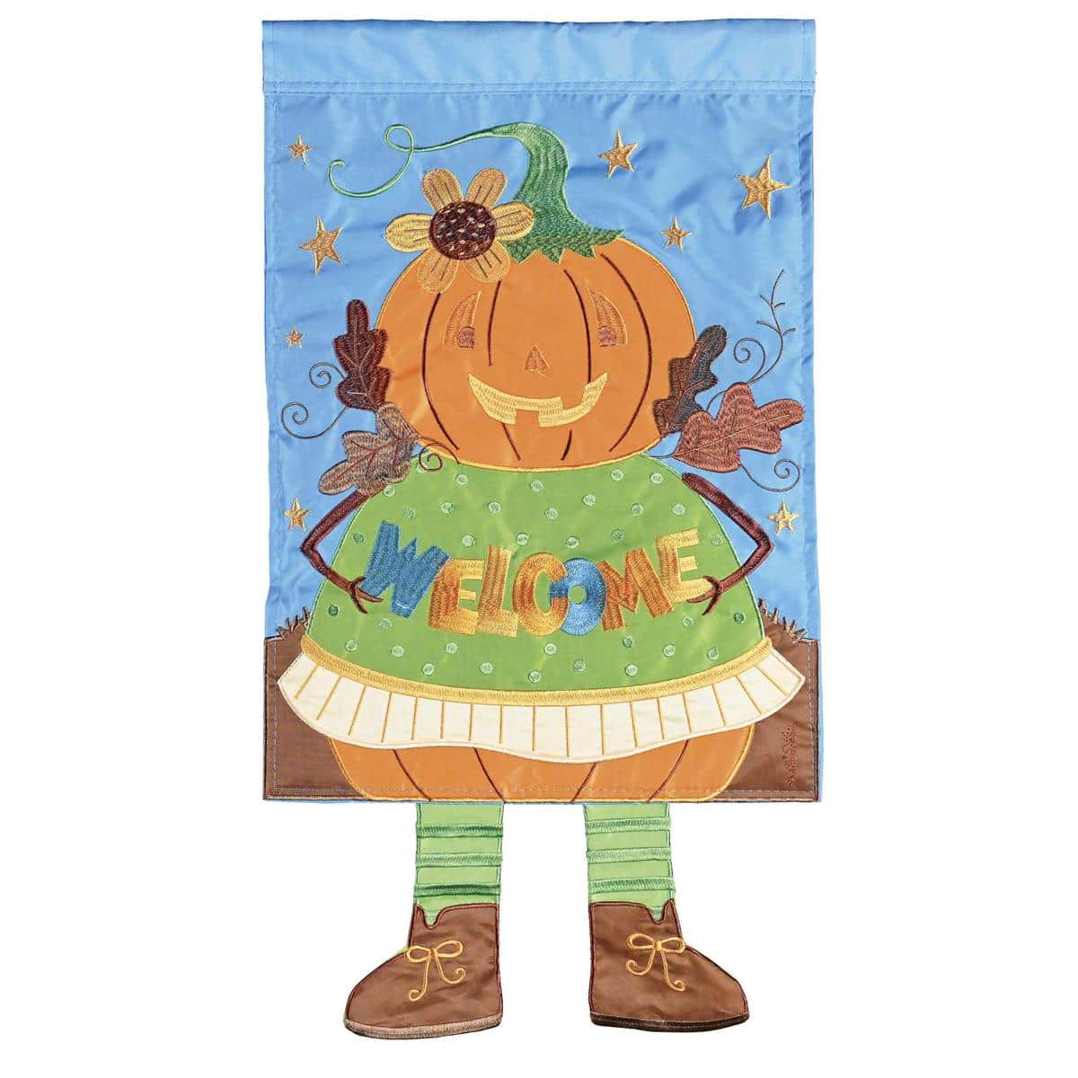Crazy Leg Fall Pumpkin Welcome 13x18 garden flag with dangling legs and a bright pumpkin design, displayed on a yard stand for autumn front porch decor