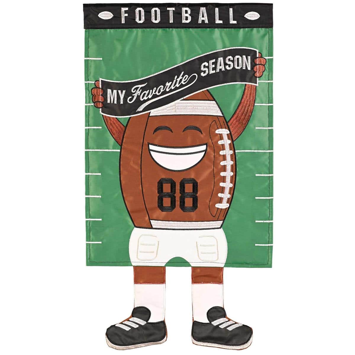 Crazy Leg Football Favorite Season 13x18 garden flag with dangling football legs, vivid double-applique details, reinforced pole sleeve, outdoor weather-resistant fabric.