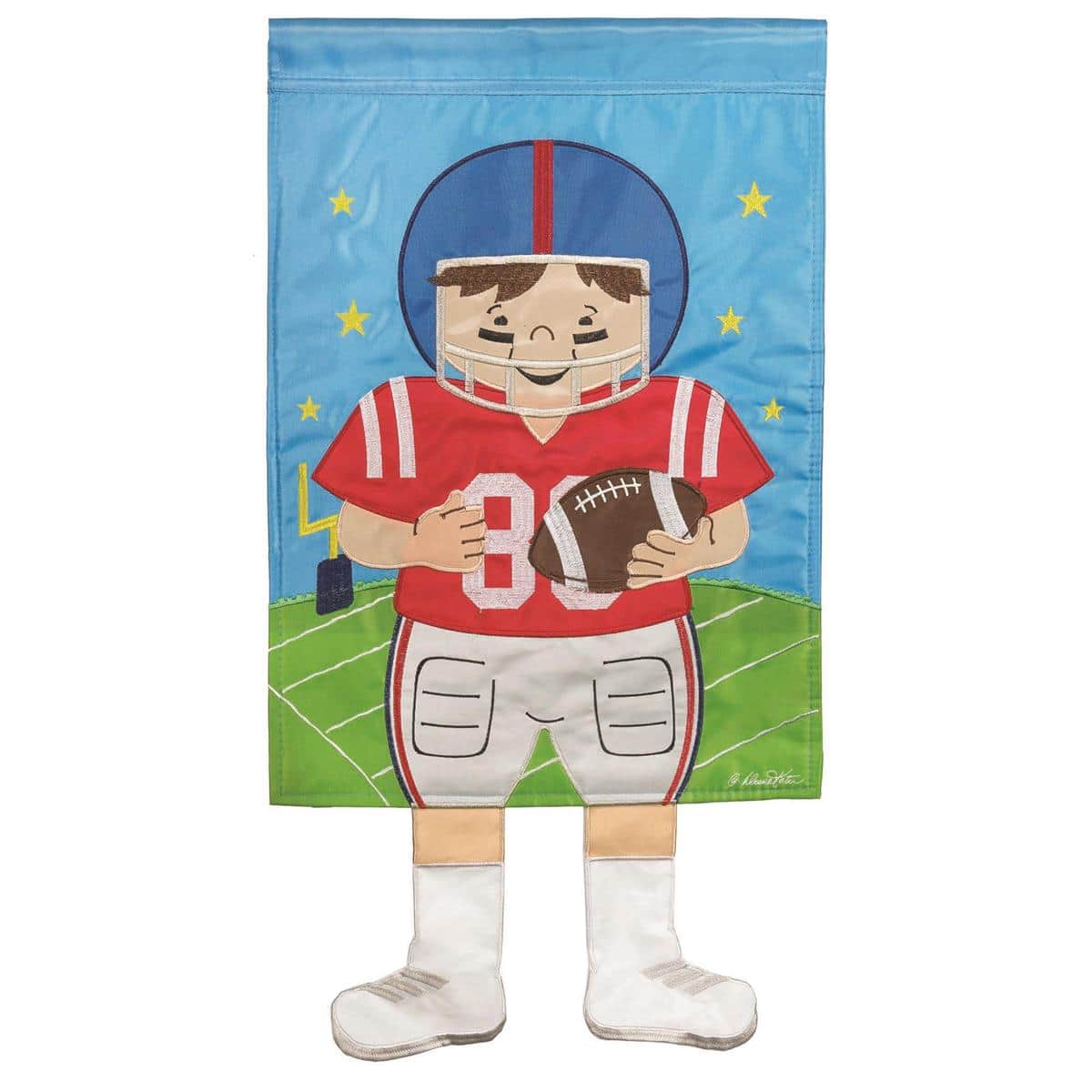 Navy and red football garden flag with swinging crazy legs, 13 x 18 inches, shown on a yard stand near a porch on game day.