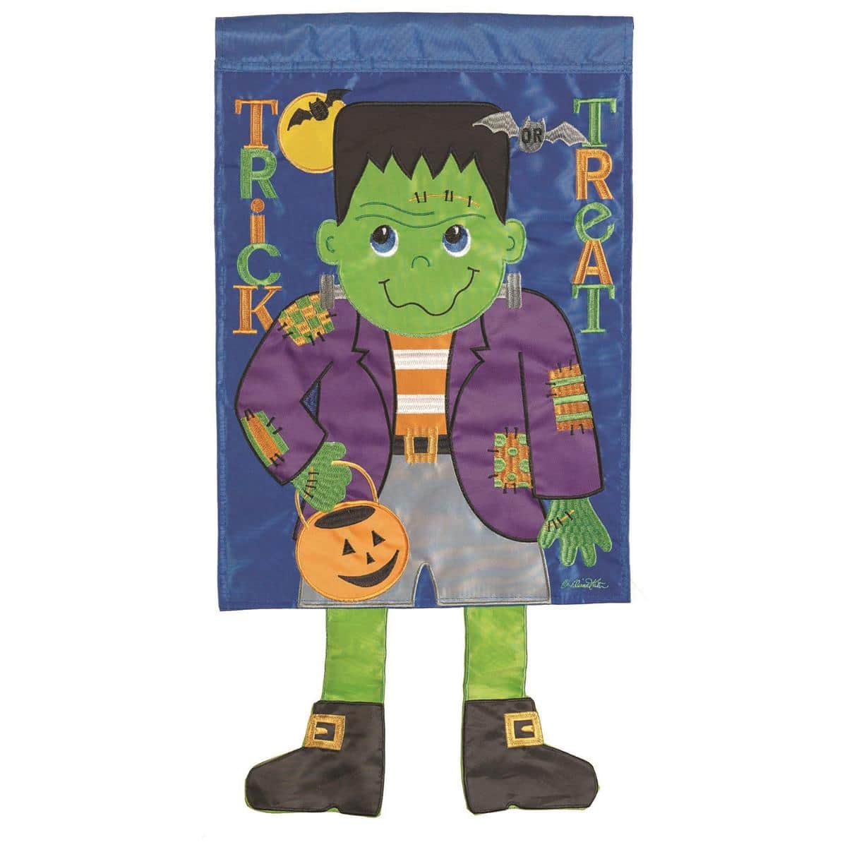 Crazy Leg Frankenstein Feet garden flag with dangling green legs and chunky boots on a 13 x 18 Halloween banner displayed on a standard garden flag stand.