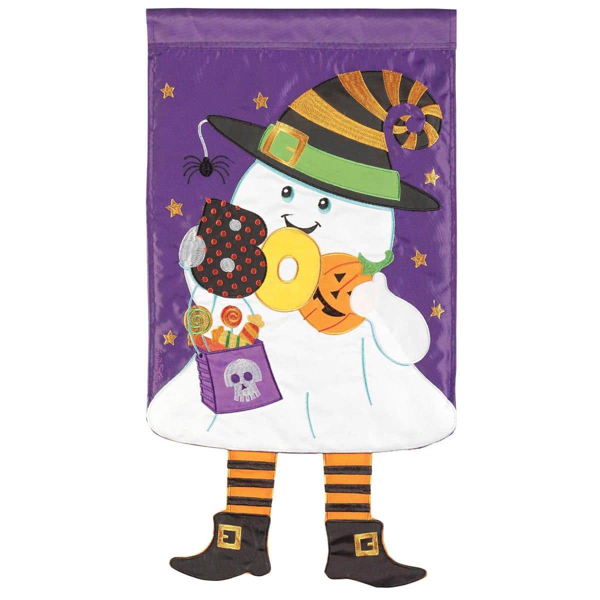 13x18 Crazy Leg Ghost garden flag showing a playful ghost with long dangling legs on a dark background, ideal Halloween yard decoration for a porch stake or small garden display.