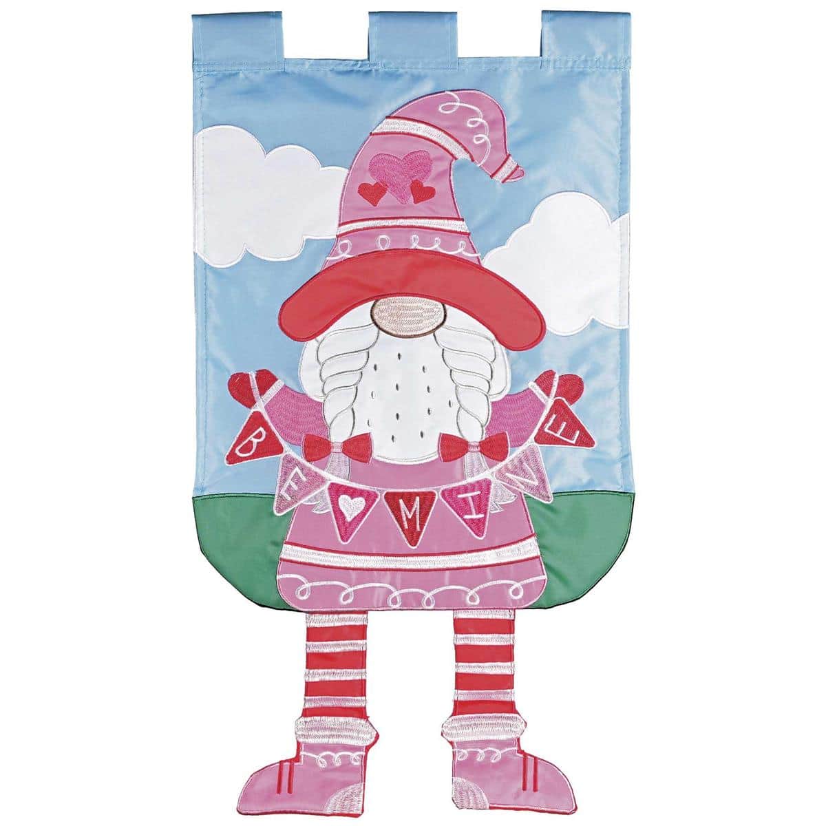 13x18 Crazy Leg Gnome 'Be Mine' Valentine's garden flag with gnome, striped legs, and heart motif displayed on a porch flag pole among seasonal planters.