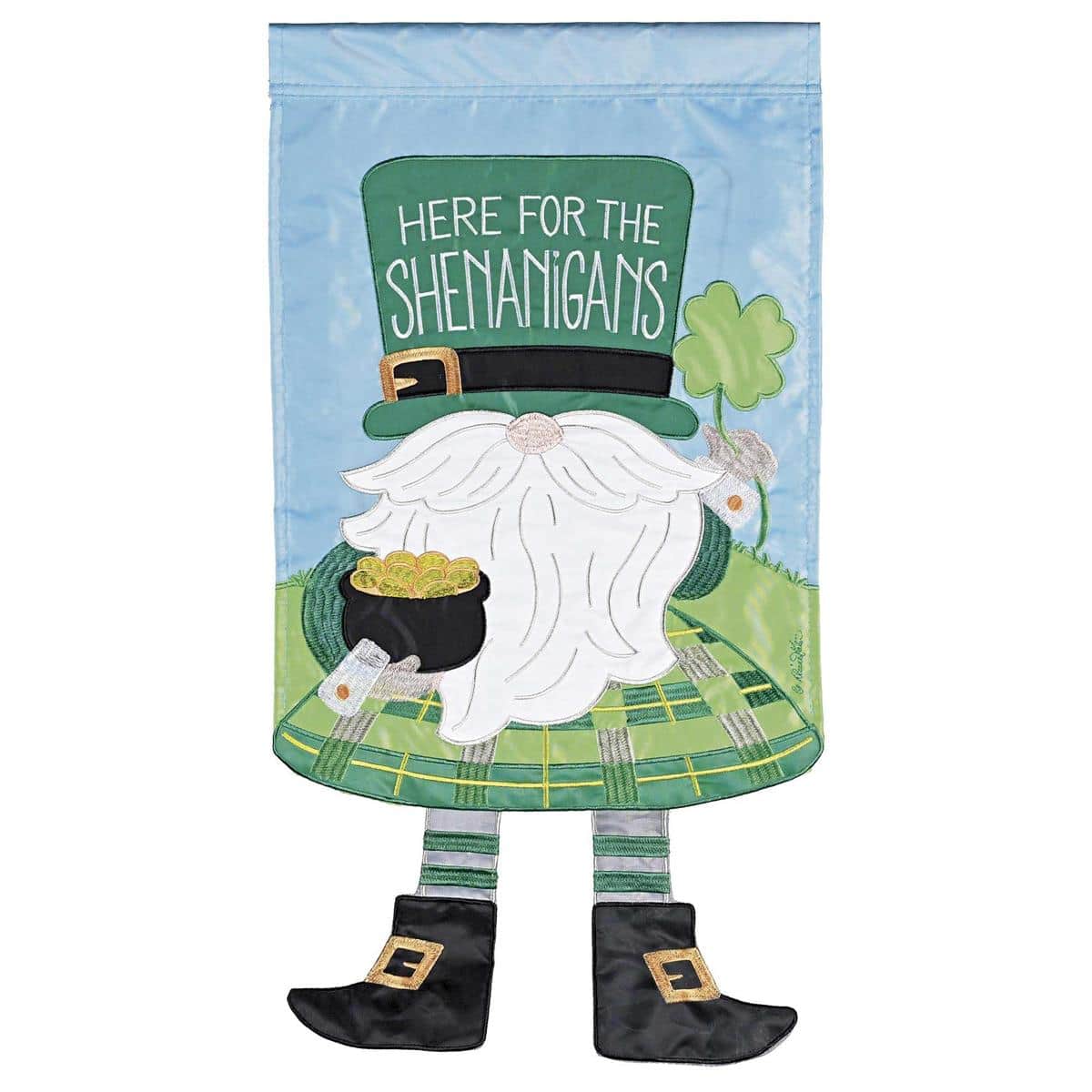 13x18 garden flag featuring a whimsical St. Patrick's Day gnome with crazy legs and 'Here For The Shenanigans' text in green and gold, shown on a festive backdrop suitable for porches and lawns.