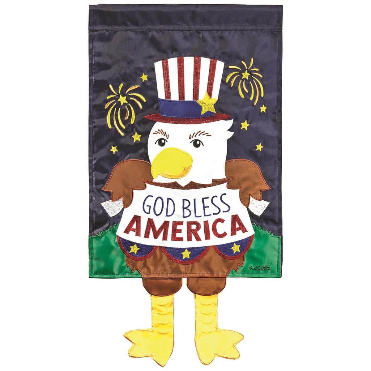 Close-up image of Crazy Leg God Bless America Eagle 13x18 garden flag showing a bold eagle motif, 'God Bless America' text, red and white striped accents, star field, and fluttering leg strips hung on a garden pole against a green lawn backdrop.