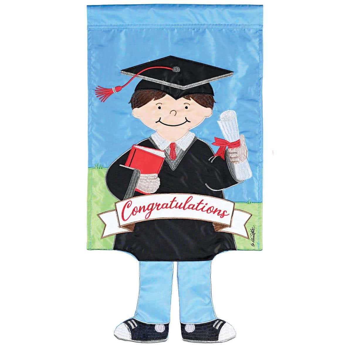 13x18 Crazy Leg Graduation Boy garden flag showing a smiling cartoon boy wearing a mortarboard cap and gown with wobbly legs in motion, bright colors on durable outdoor fabric.