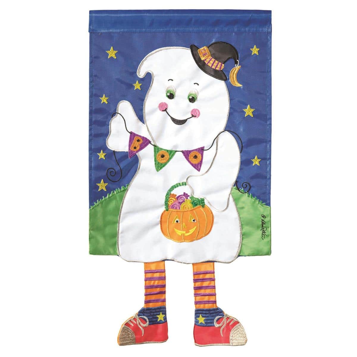 13x18 Crazy Leg Halloween Ghost garden flag showing a playful white ghost with long striped legs and a bold Halloween color palette, displayed on a front yard flagpole.