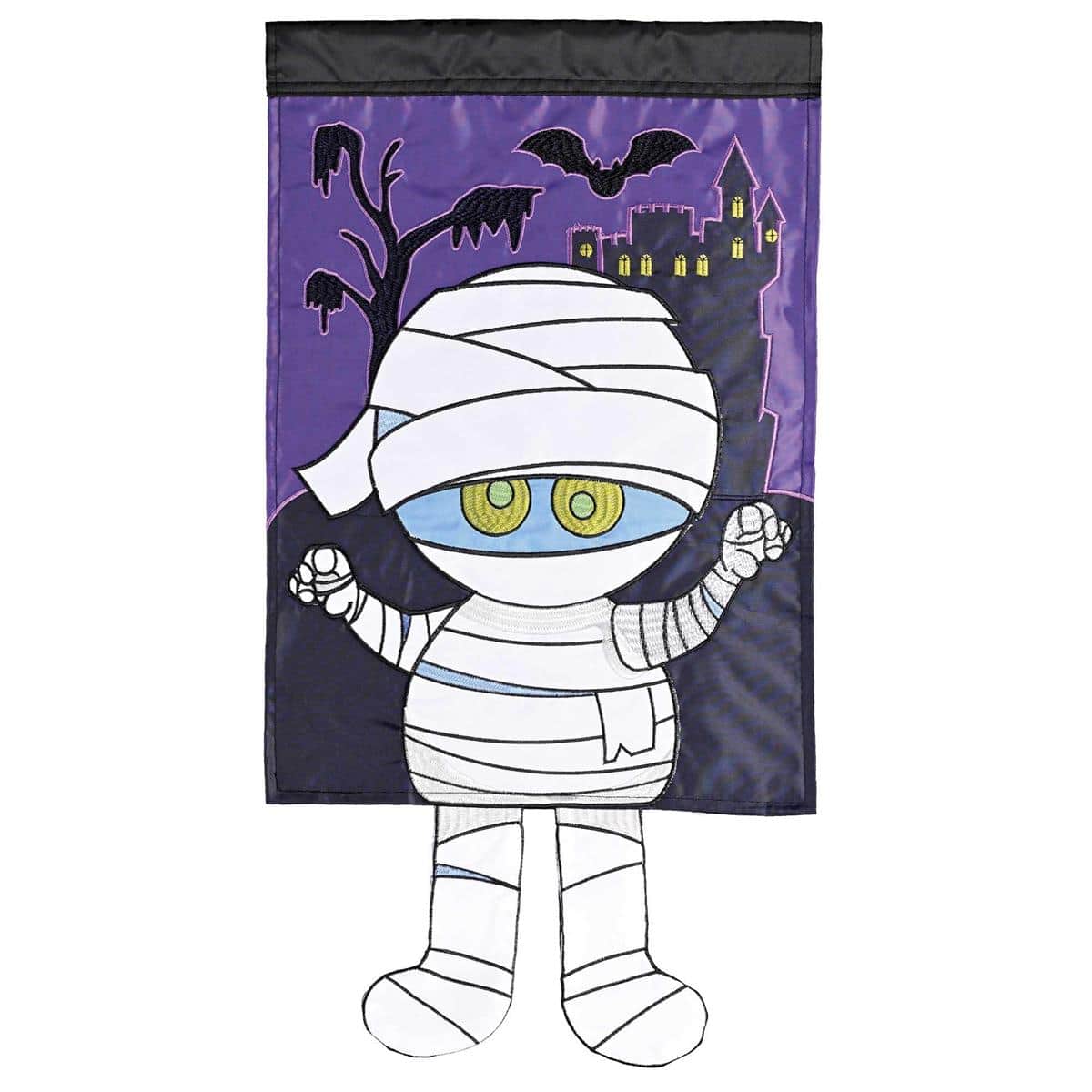 Crazy Leg Halloween Mummy Garden Flag 13x18 on garden stake, whimsical mummy with dangling legs and bold Halloween colors for porch or yard display.