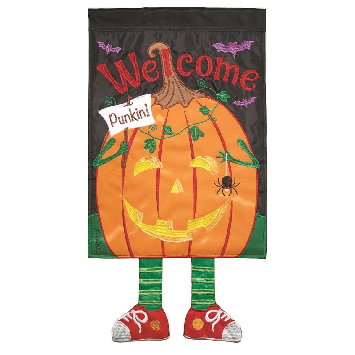 Crazy Leg Halloween Punkin garden flag 13x18 showing a smiling orange pumpkin with crazily striped flailing legs in bold Halloween colors, ideal for front porch or garden display.