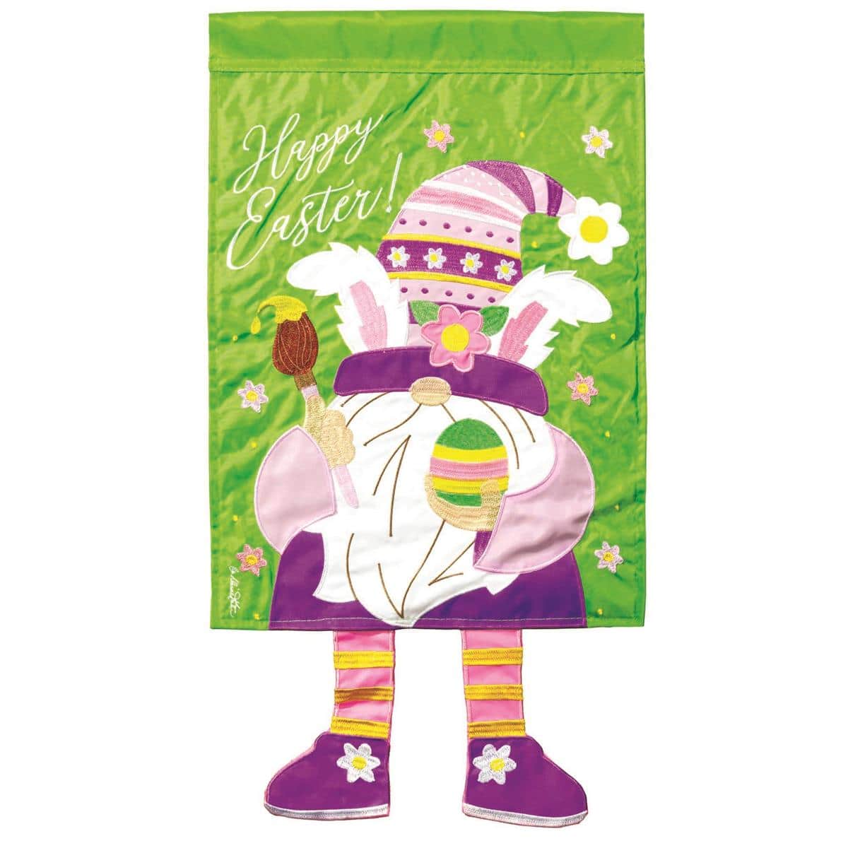 13x18 Crazy Leg Happy Easter Gnome garden flag featuring a cheerful gnome with long striped legs, pastel eggs, and floral accents ideal for spring porch or yard display.