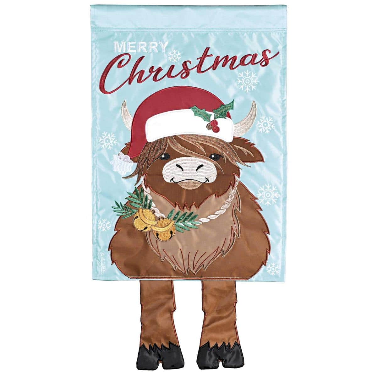 13x18 Crazy Leg Highland Cow Merry Christmas garden flag with dangling fabric legs and Highland cow art, holiday farmhouse yard decor on a metal stand