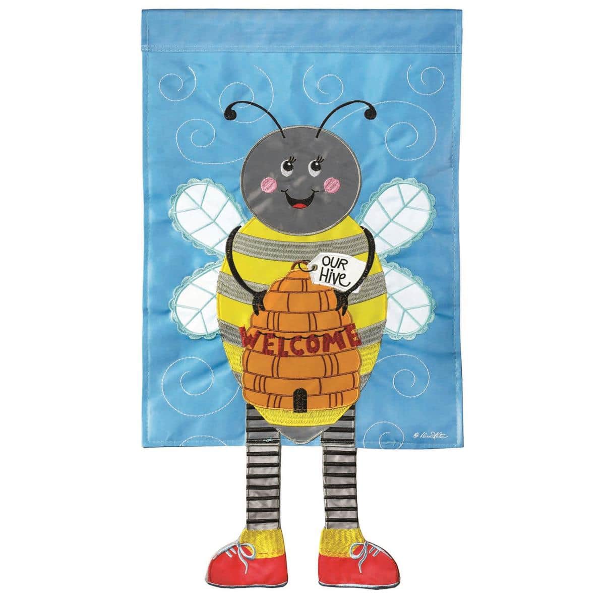13x18 honey bee garden flag with dangling crazy legs and floral accents, insect and flower outdoor decor for standard garden flag stands and porch displays