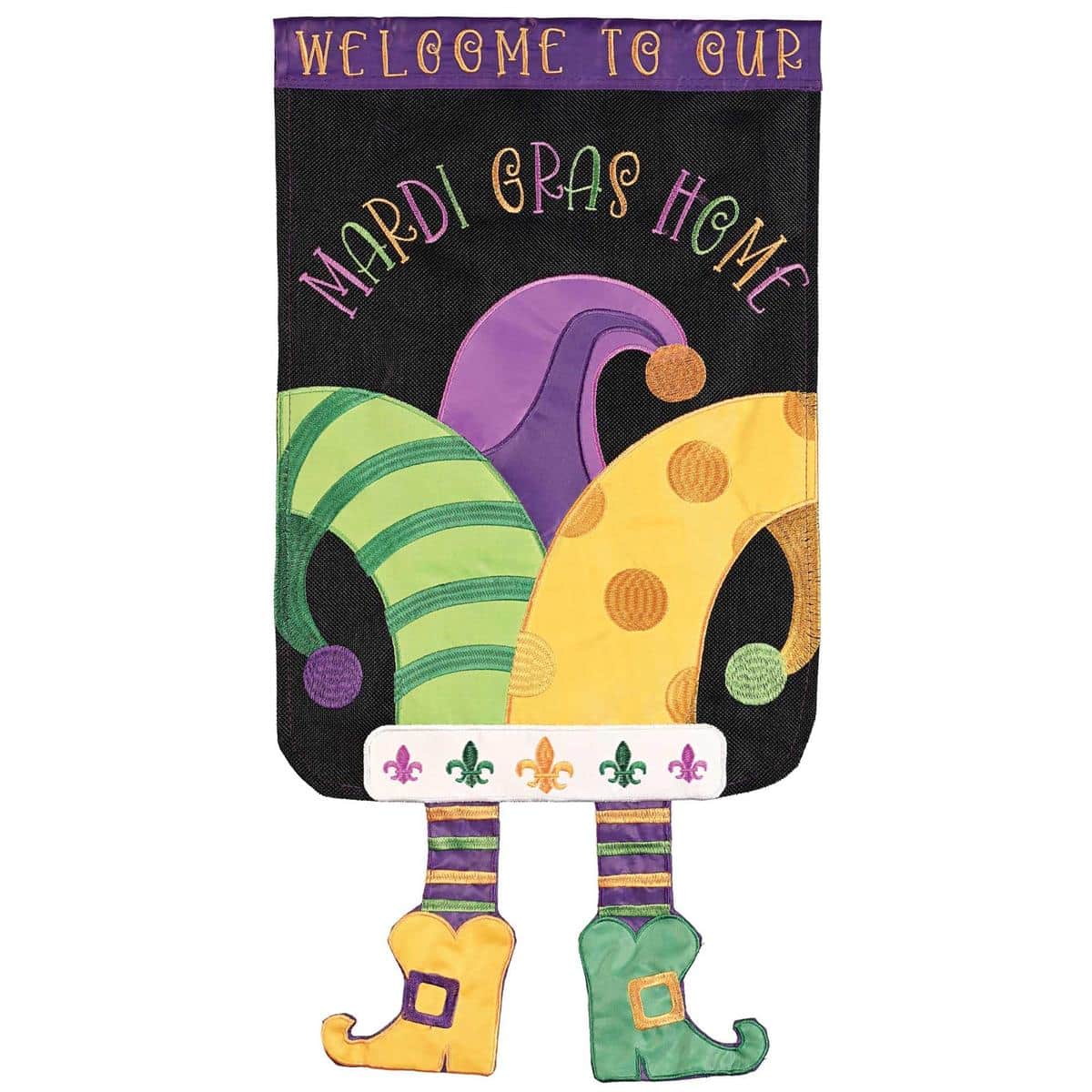 Mardi Gras garden flag 13x18 featuring a jester hat Welcome graphic in purple, green, and gold with dangling crazy legs and a reinforced top sleeve for a stand.