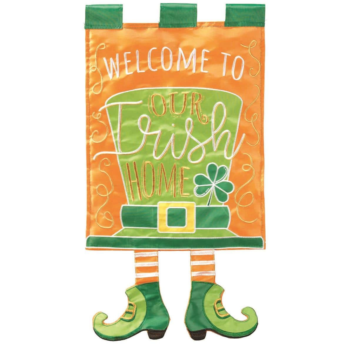 13x18 Crazy Leg Leprechaun Hat garden flag showing a green leprechaun hat above long striped crazy legs in mid-kick for St. Patrick's Day lawn decor