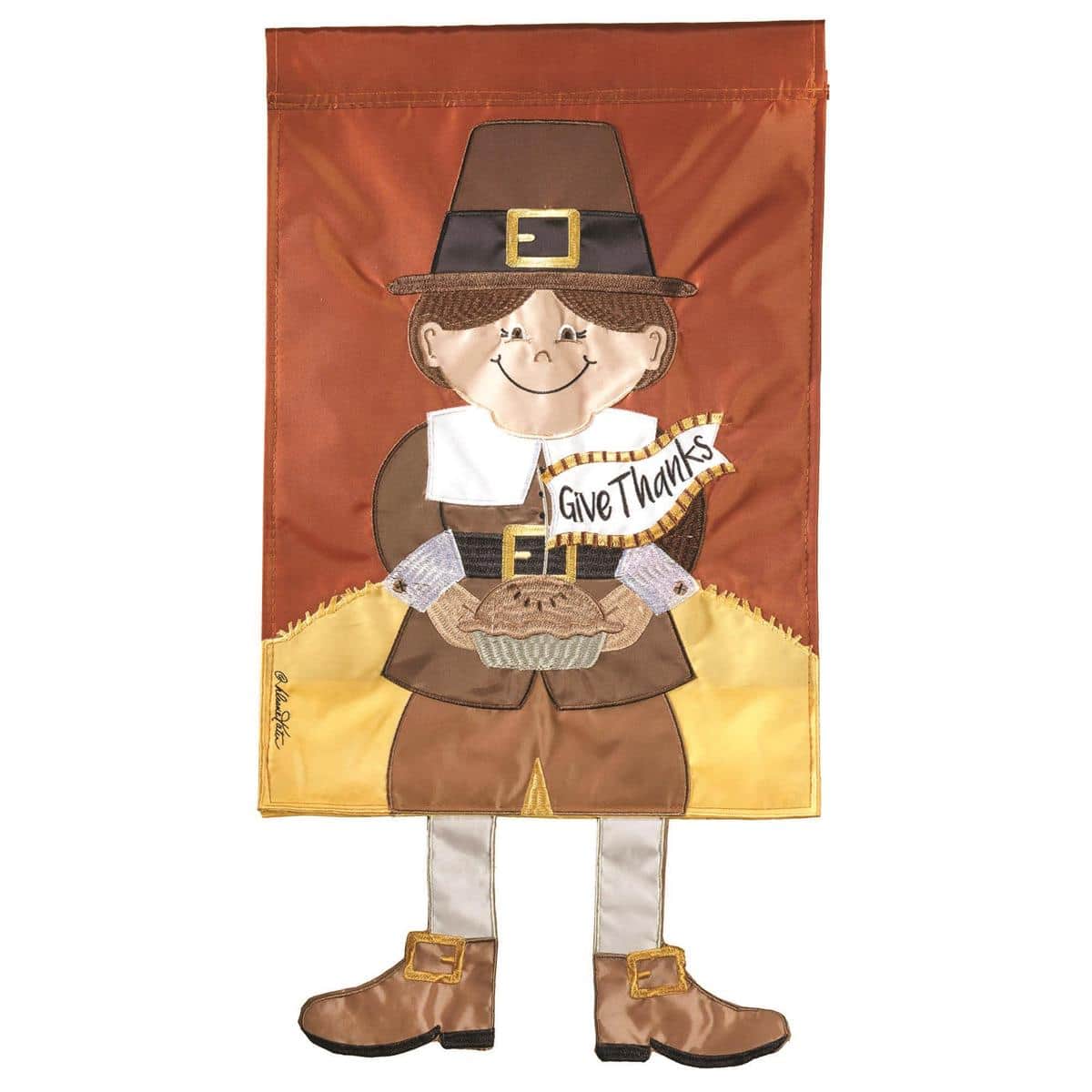 13x18 Crazy Leg Pilgrim Garden Flag with swinging fabric legs, autumn leaves palette, festive Thanksgiving yard banner on a standard garden flag stand
