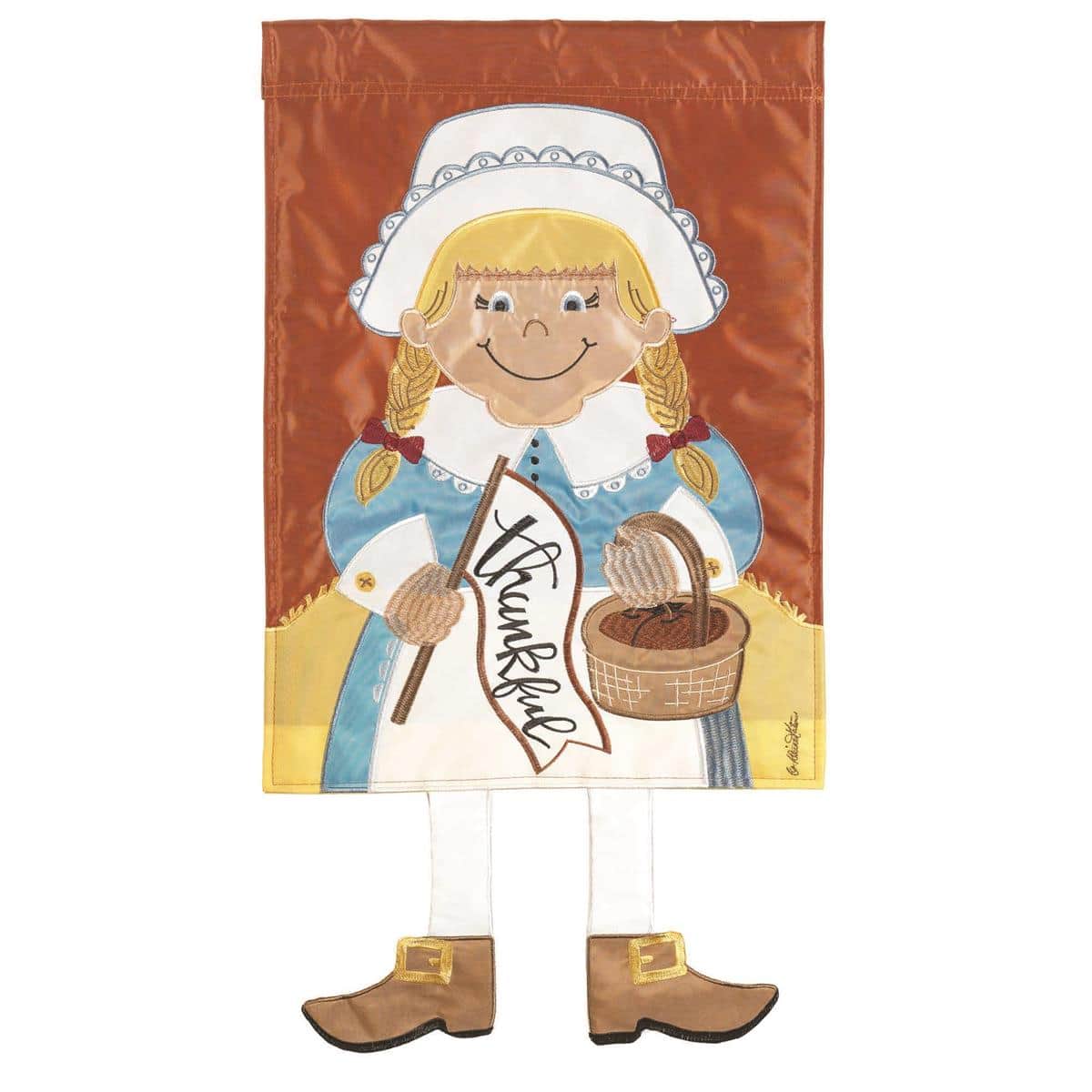 Whimsical crazy leg pilgrim girl garden flag 13x18 displayed on a standard yard pole featuring bright fall colors and playful Thanksgiving costume details.