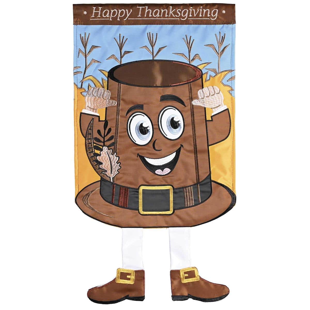 Alt text: 13x18 Crazy Leg Pilgrim Hat Happy Thanksgiving garden flag showing a pilgrim hat above cartoon legs with bold autumn colors for porch or yard display.