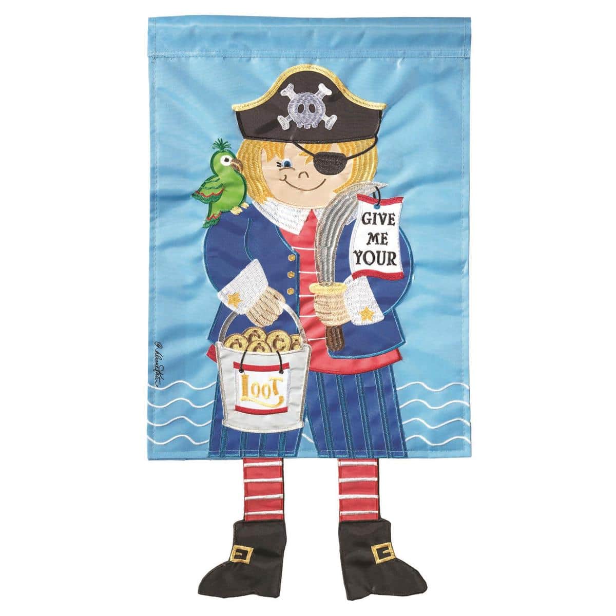 13x18 Crazy Leg Pirate Trick Or Treat garden flag showing a smiling pirate with dangling striped legs, skull hat, bold orange background and clear "Trick or Treat" text on a yard pole