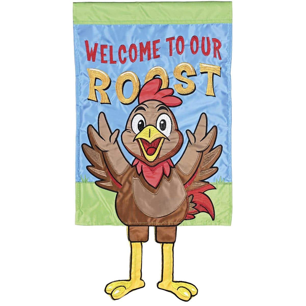Whimsical Crazy Leg Rooster garden flag reading Welcome To Our Roost, 13 by 18 inches, shown mounted on a metal garden stake in a front yard setting with green grass and seasonal flowers.