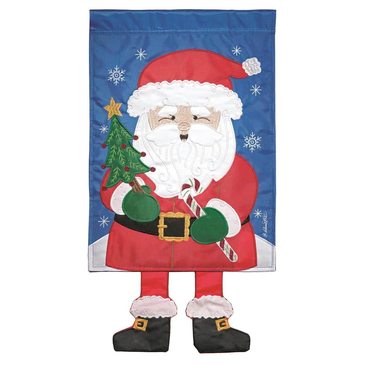 Whimsical Crazy Leg Santa garden flag 13 by 18 inches with a playful Santa in striped long legs, bright holiday colors, and a sewn sleeve for standard garden poles.