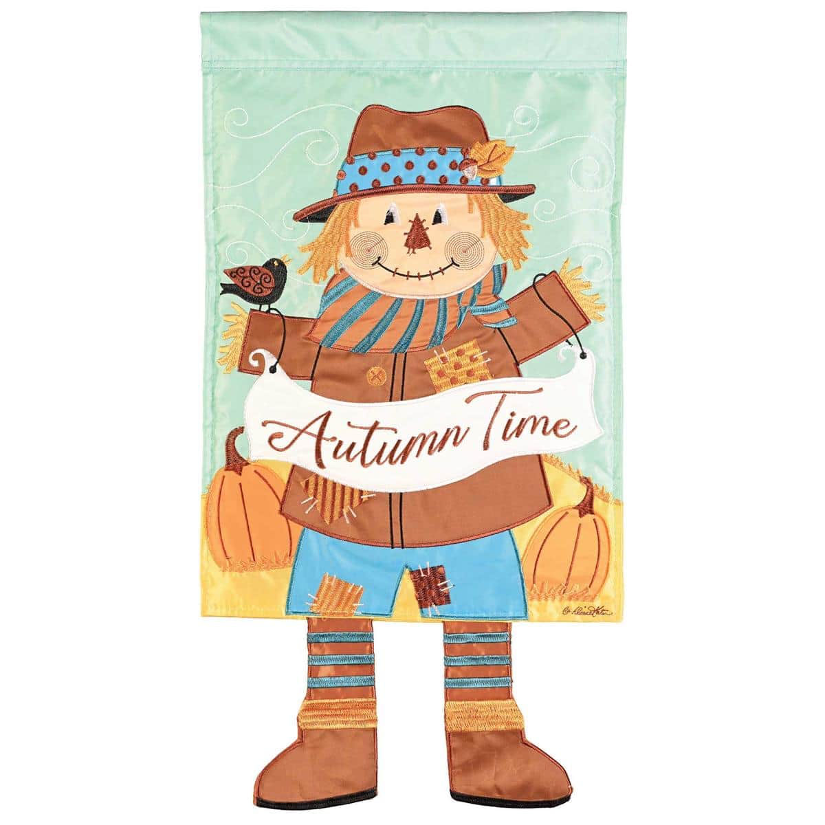 13x18 Crazy Leg Scarecrow Autumn Time garden flag showing a whimsical scarecrow with long striped legs, fall leaves, pumpkins, and harvest accents on a festive autumn background.