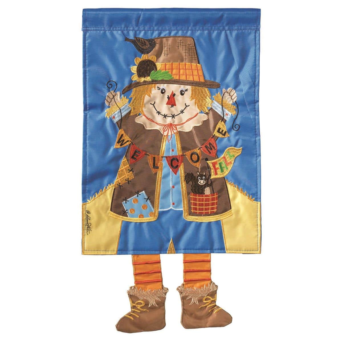 13x18 Crazy Leg Scarecrow Welcome Garden Flag showing a playful scarecrow with bent striped legs, bold 'Welcome' text, pumpkins and leaves in warm autumn colors for porch display.