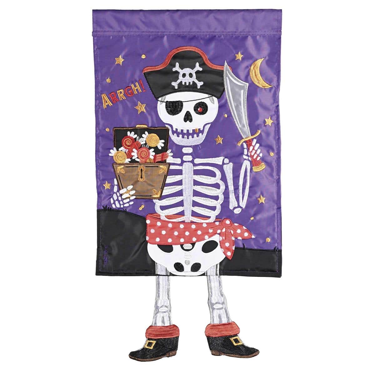 Whimsical skeleton pirate garden flag with dangling crazy legs in full costume, shown on a 13 by 18 inch garden flag pole in a yard setting, high contrast skull, tricorn hat, bandana and animated fabric legs fluttering in breeze.