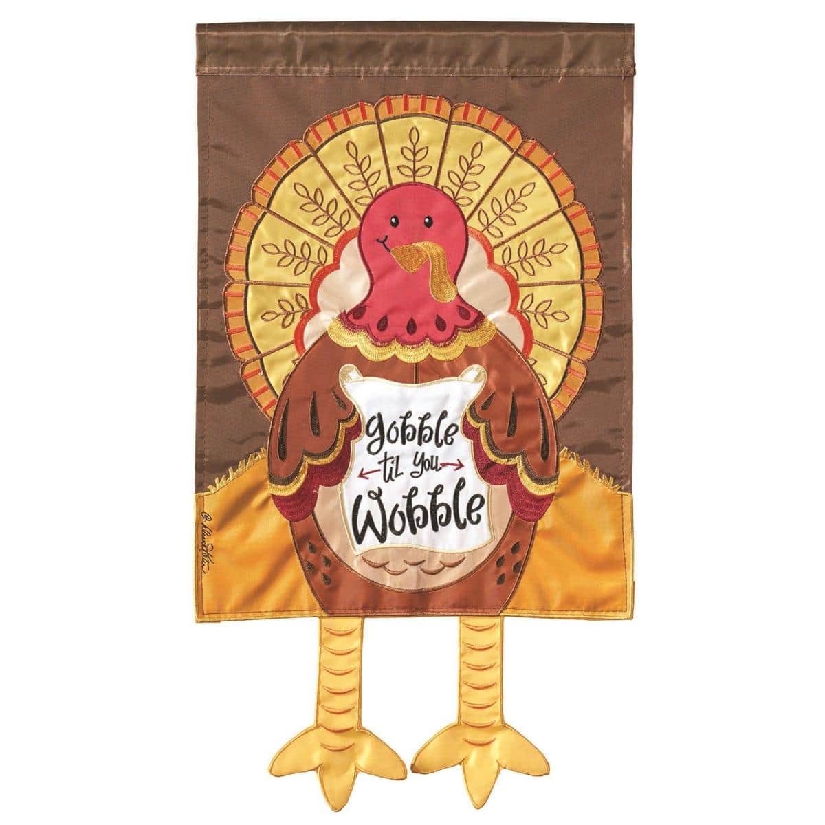 13x18 Crazy Leg Turkey garden flag featuring a whimsical turkey with playful extended legs in autumn colors, designed for standard garden flag poles and seasonal outdoor display.
