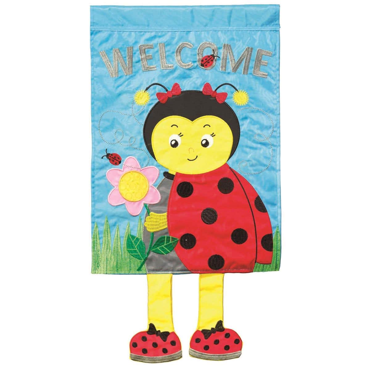 Crazy Legs Welcome Ladybug garden flag with dangling legs, red and black ladybug on flowers, 13x18 inches, double applique, outdoor yard decor