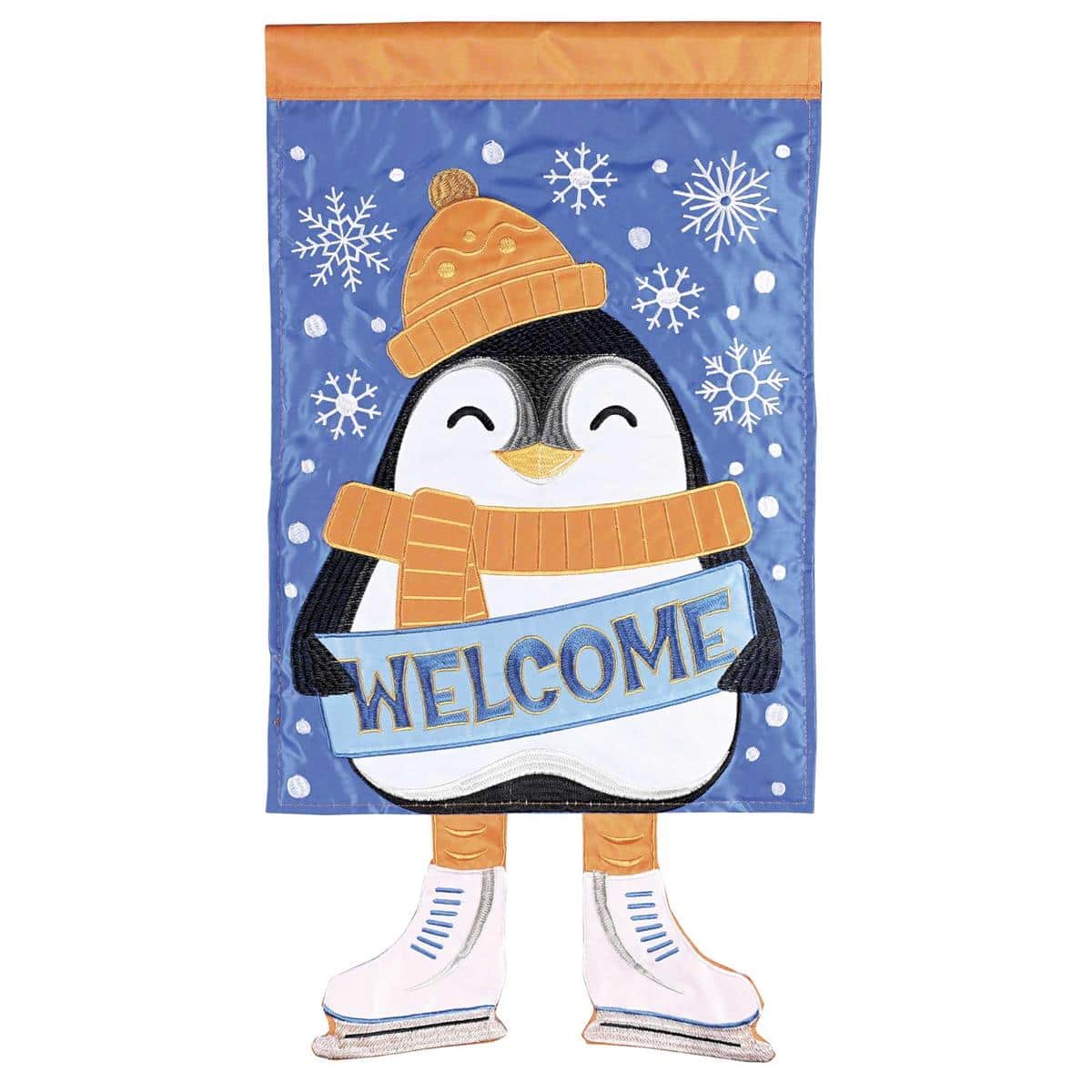 13x18 Crazy Leg Welcome Penguin garden flag image showing a smiling penguin with exaggerated long legs on a snowy winter background and a clear welcome message.