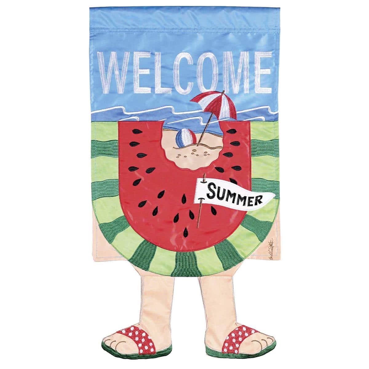 13x18 Crazy Leg Welcome watermelon garden flag with dangling legs and bright summer colors displayed on a lawn flag holder, ideal for porch, garden, and patio seasonal decor.