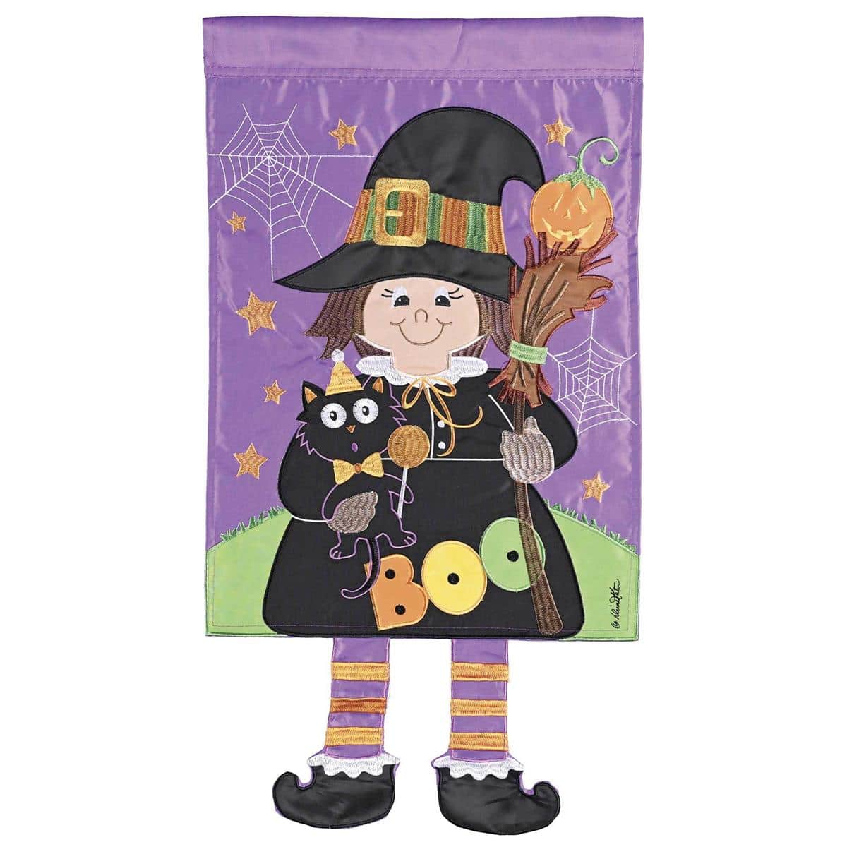 Whimsical 13x18 Halloween garden flag showing a witch with striped swinging legs, a black cat, and a bold BOO message in vivid purple, orange, and green HallowWitch style