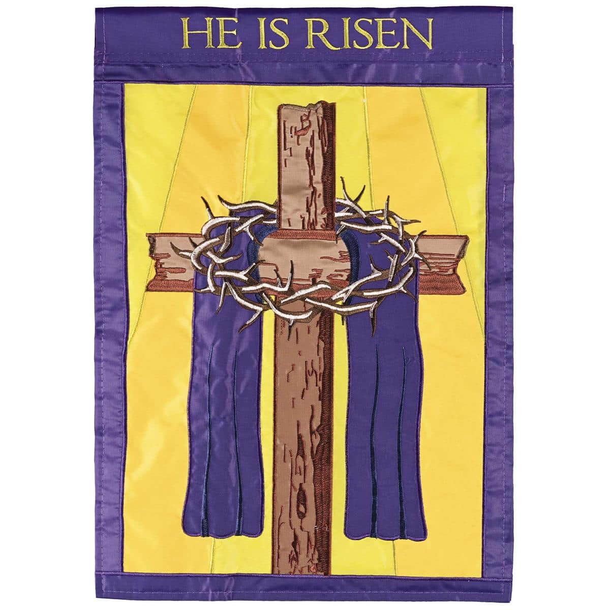 Closeup of a 13x18 Cross and Crown He Is Risen garden flag showing a radiant cross, crown motif, and pastel Easter florals on durable printed outdoor fabric.