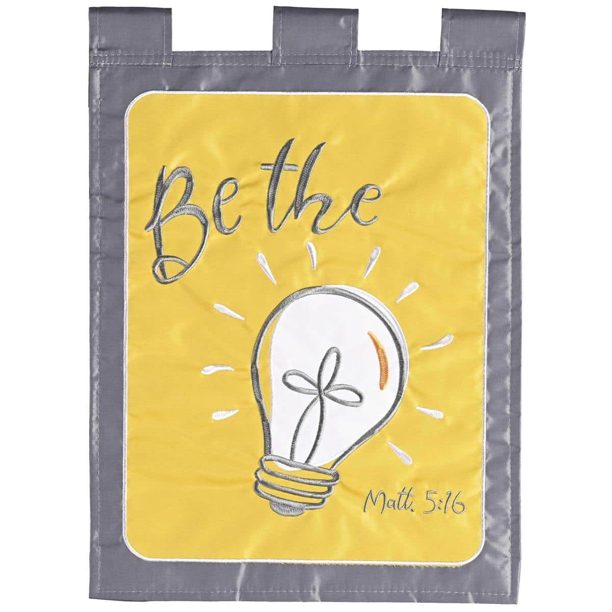 13x18 "Be The Light" cross garden flag double applique scripture design on white field ideal for porch or yard display with clear, raised lettering and contrasting cross motif