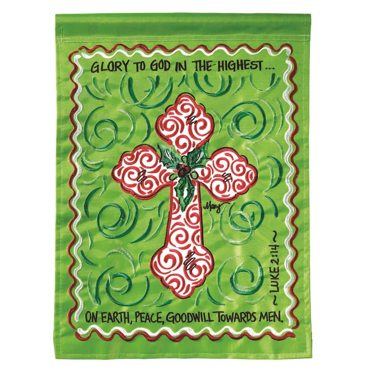 13x18 Cross Glory To God Christmas garden flag double applique with embroidered script and decorative cross motif on a festive background for outdoor display.