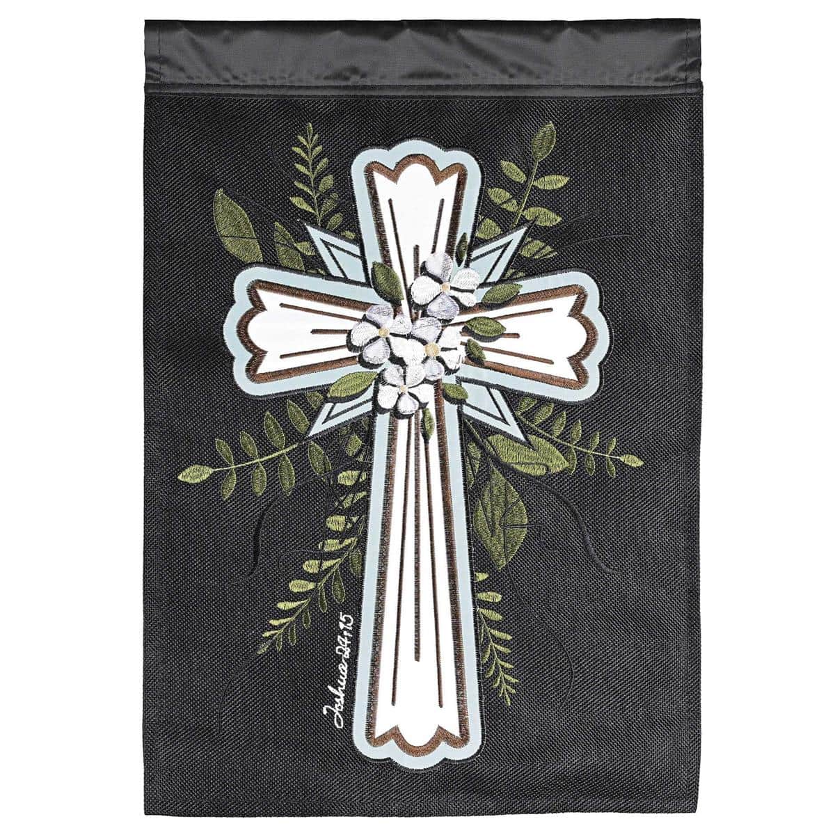 13x18 Cross Joshua 24:15 burlap garden flag with double applique cross and scripture text, rustic farmhouse outdoor garden flag for porch or yard display.
