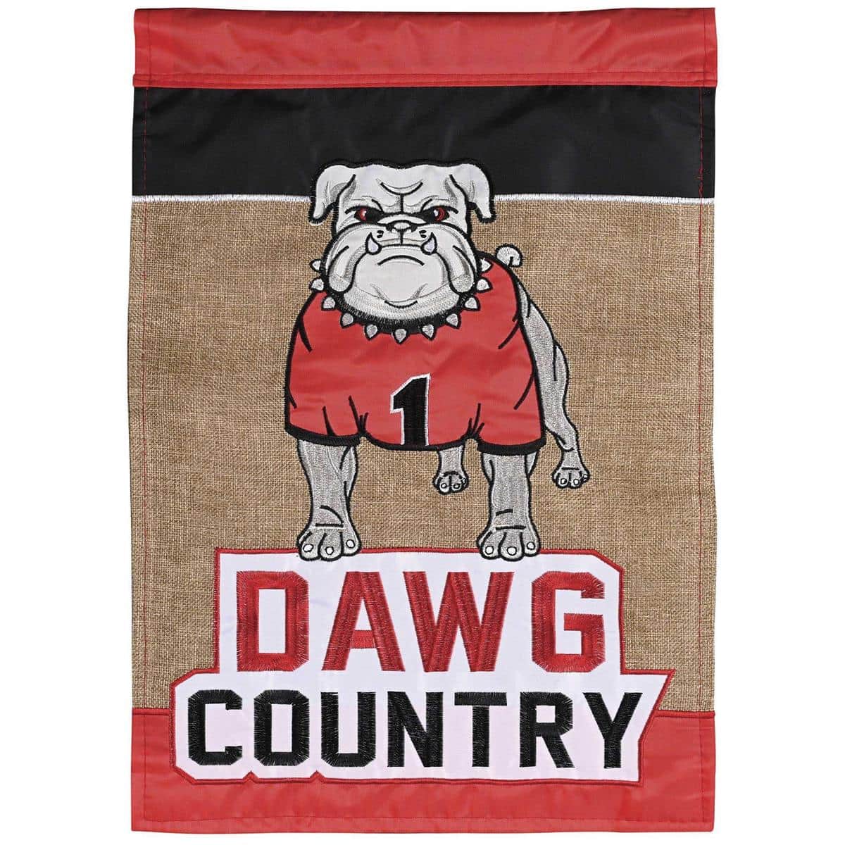 Dawg Country Bulldog burlap banner flag 29 by 42 inches showing a layered double applique Bulldog emblem and 'Dawg Country' lettering, designed for football tailgate and porch display with reinforced edges.