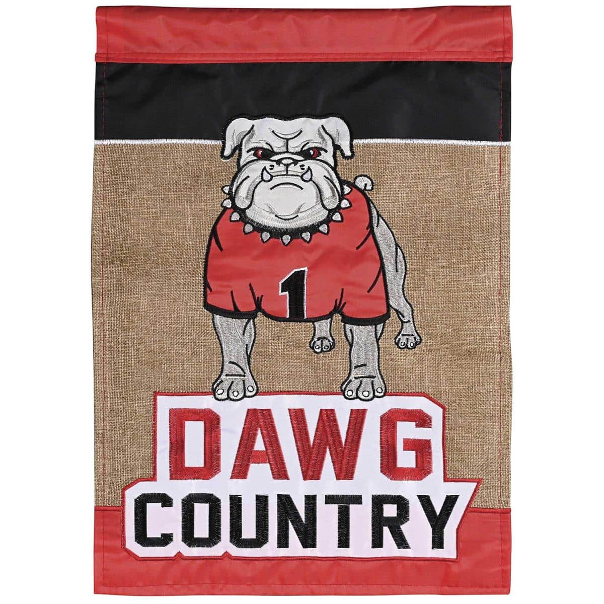Dawg Country Bulldog double applique burlap 13x18 garden flag on a stand by a porch, football themed dog design, rustic texture, readable on both sides