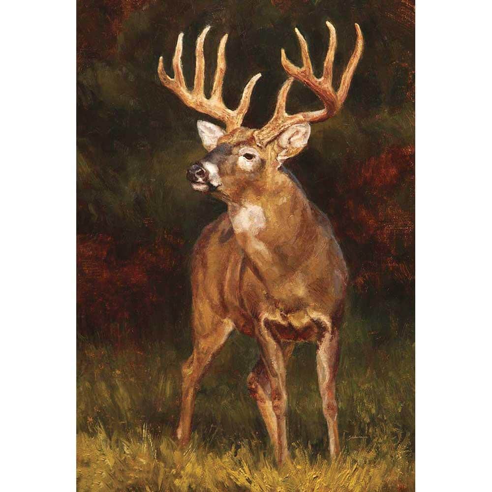 Printed 30 by 44 inch outdoor banner flag showing a realistic deer silhouette against a rustic backdrop, suitable for porches, lawns, cabins, and lodge-style decorations.