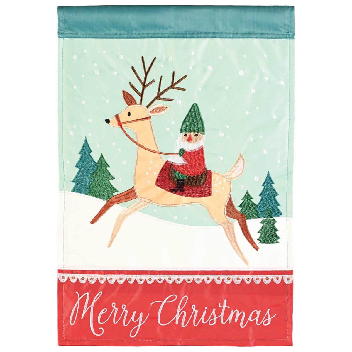 Close-up of Deer MerryChristmas 13x18 double applique garden flag showing embroidered deer motif, Merry Christmas lettering, layered applique textures, reinforced header sleeve, and festive color palette hung on a garden pole.