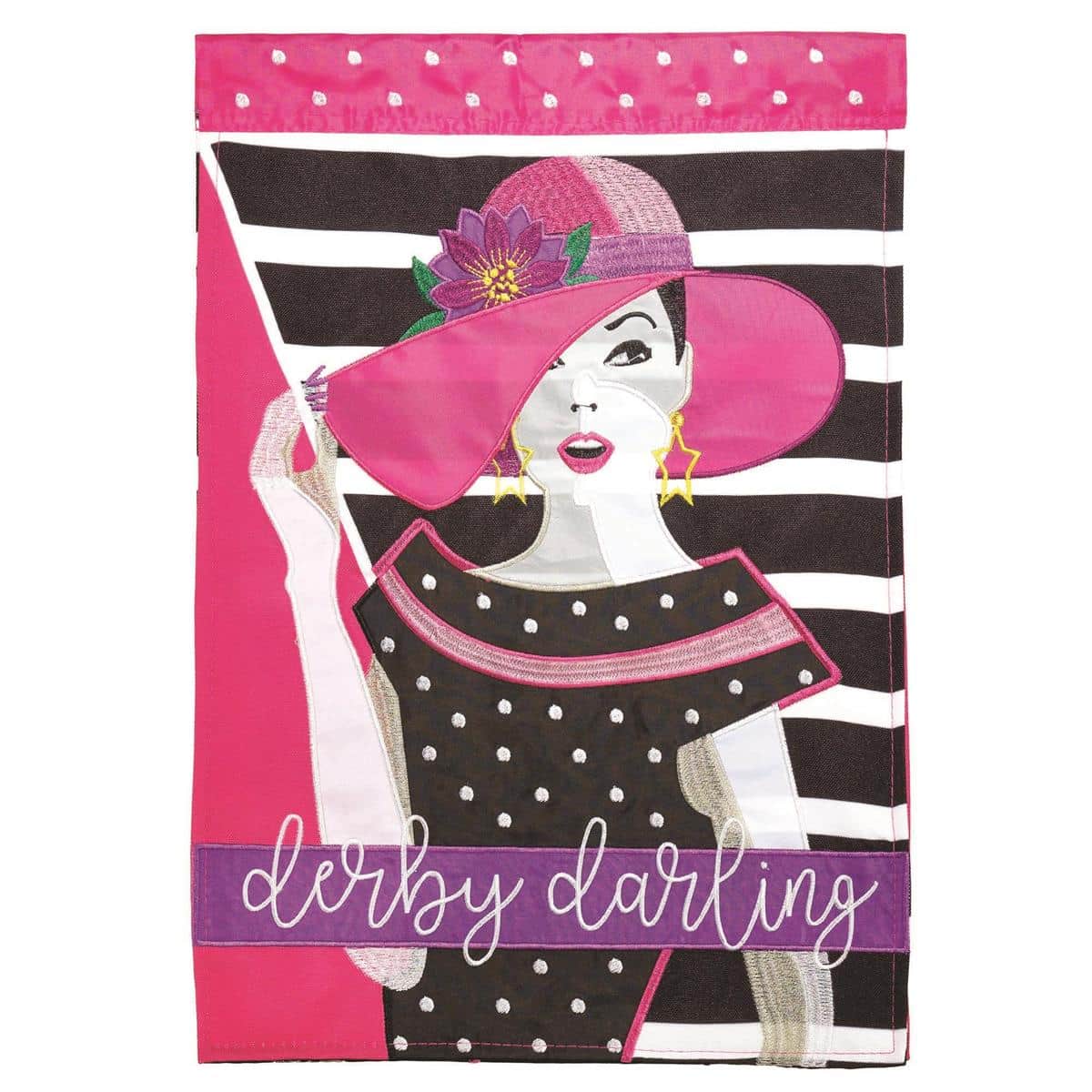 Derby Darling garden flag 13x18 inches double-applique-plus with layered floral and derby hat motifs in vibrant spring colors shown on a small yard flagpole against a green lawn.