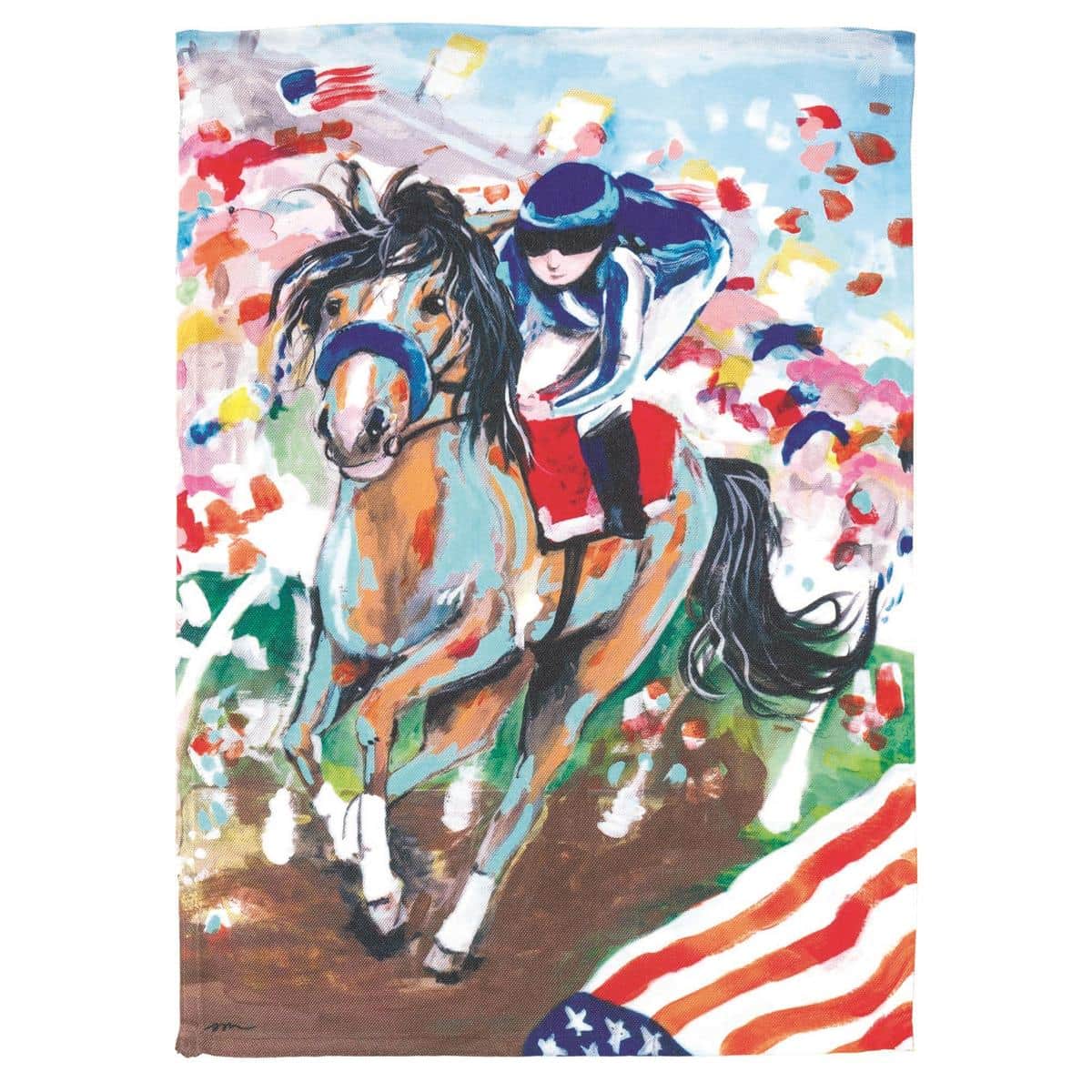 Garden flag showing a colorful jockey in racing silks and a galloping racehorse silhouette printed on a 13x18 inch outdoor flag suitable for porches, lawns, and event displays.