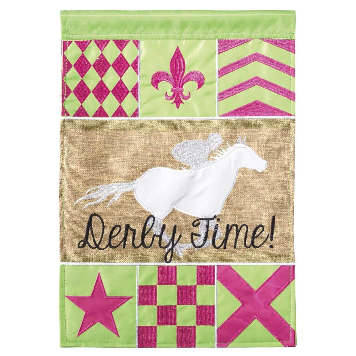 13 x 18 Derby Silks garden flag with colorful jockey silks pattern in layered double applique, UV-resistant outdoor decor on a standard garden stake