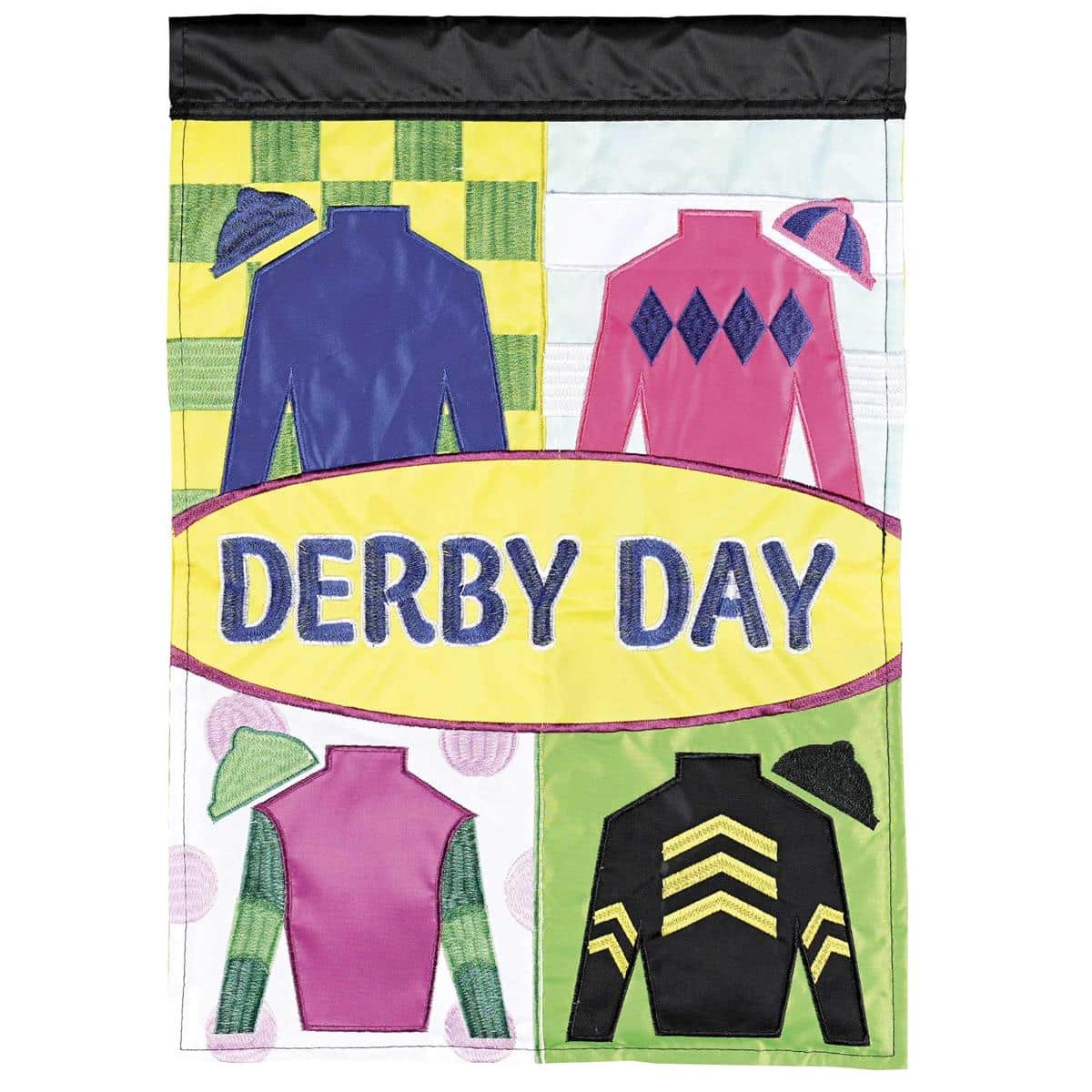 13x18 Derby Silks garden flag with bold racing-silk stripes in vibrant colors and layered double applique embroidery displayed on a metal garden flag stand.