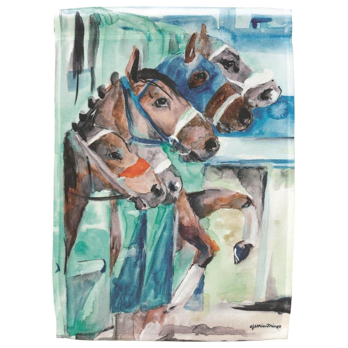 13x18 Derby Start Line garden flag featuring a bold starting gate, horses and colorful jockey silks printed on durable polyester, shown displayed on a standard yard flag pole.