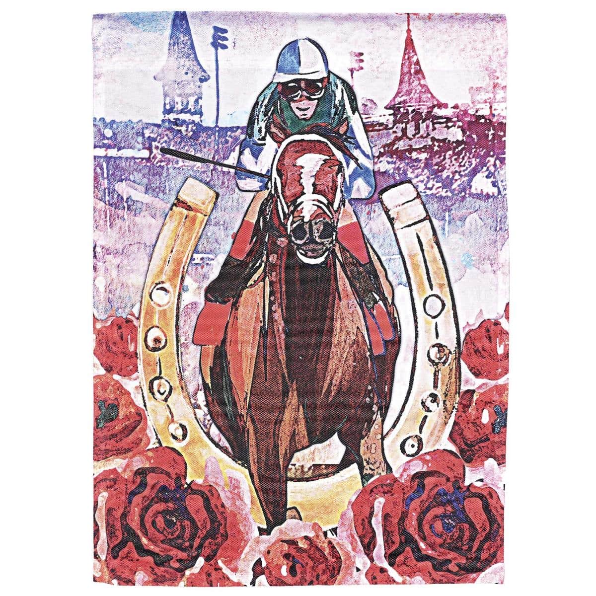 13x18 Derby Time garden flag showing stylized racehorse silhouette, jockey silks, laurel wreath accents and clear "Derby Time" text printed on a weather-ready flag sleeve.